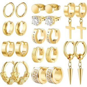 Men Earrings, 11 Pairs Stainless Steel Small Hoop Earrings Cross Trendy